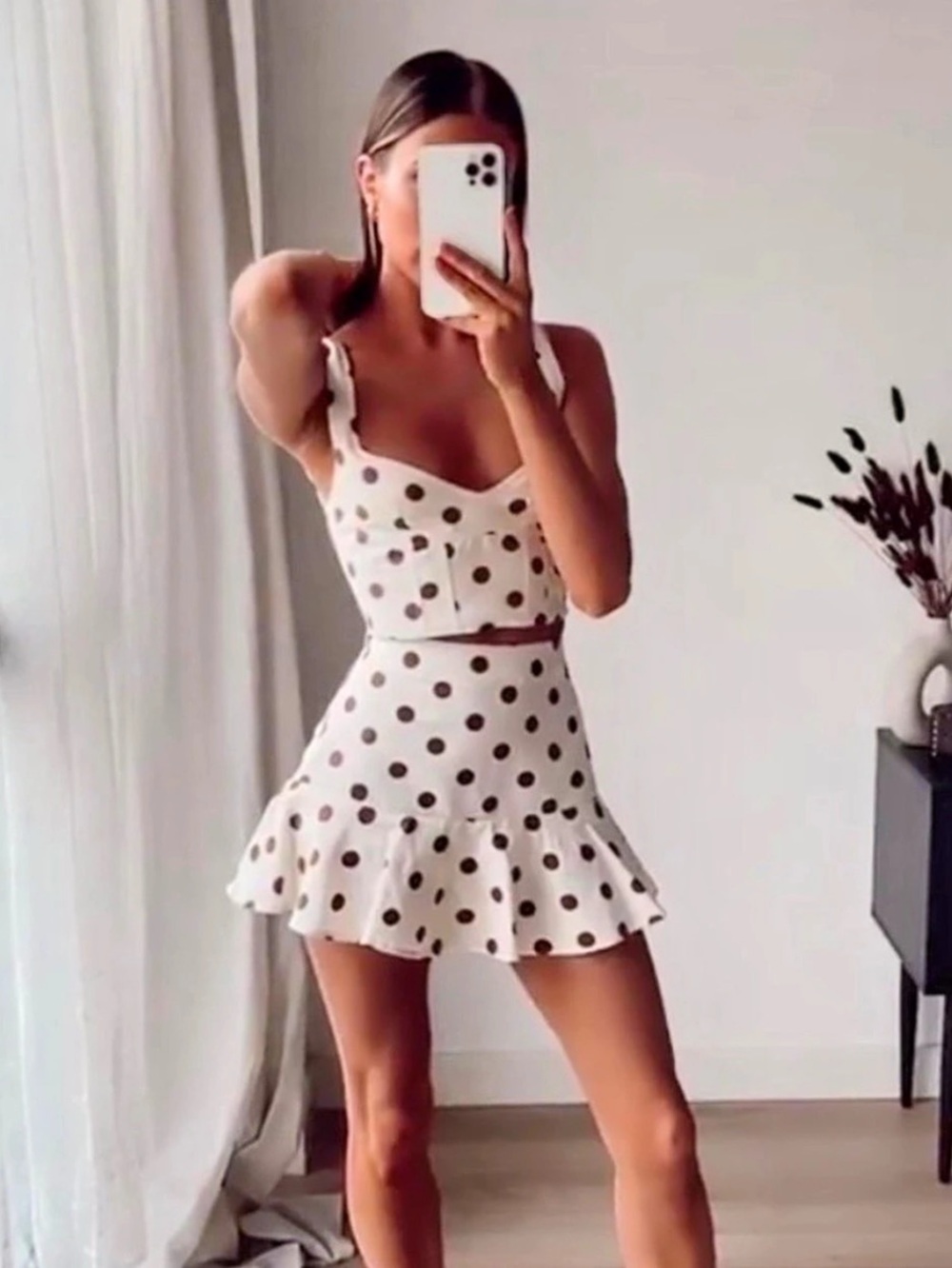 Zara Polka Dot Skirt Set in Cream & Brown Size Small Excellent Condition